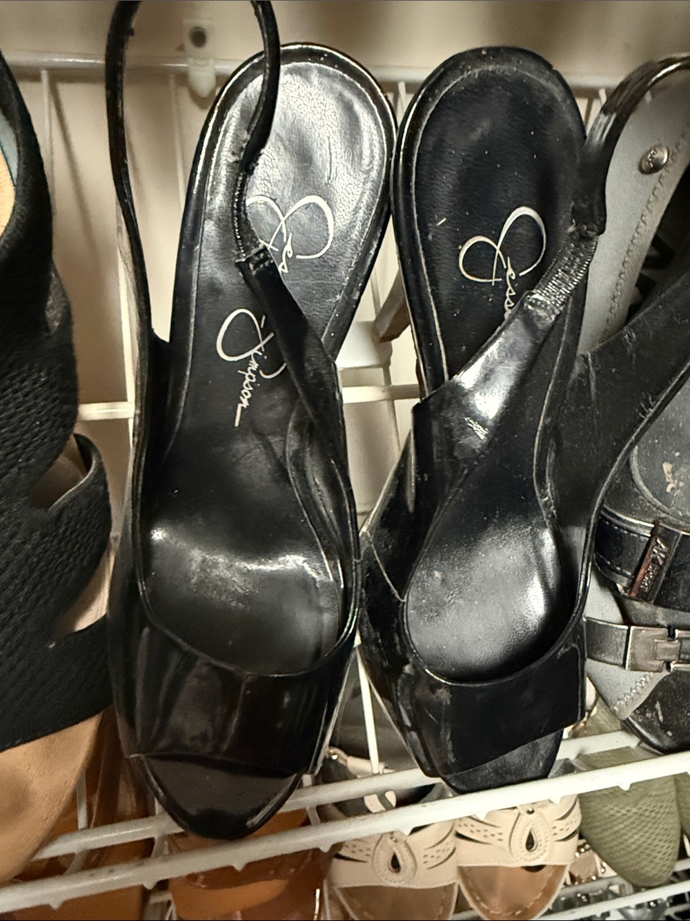 Jessica Simpson Black Patent Peep-Toe Slingback Heels